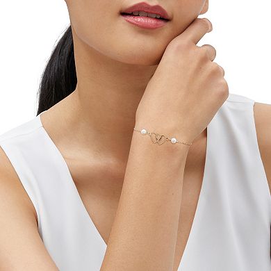14k Gold Freshwater Cultured Pearl Double Open Heart Bracelet