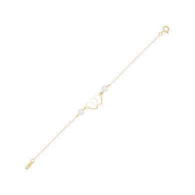 14k Gold Freshwater Cultured Pearl Double Open Heart Bracelet