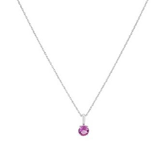 14k White Gold Round Lab-Created Pink Sapphire Pendant Necklace