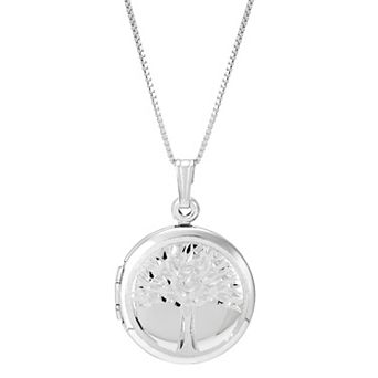 Sterling Silver Round Locklet Laser Tree of Birds Pendant Necklace