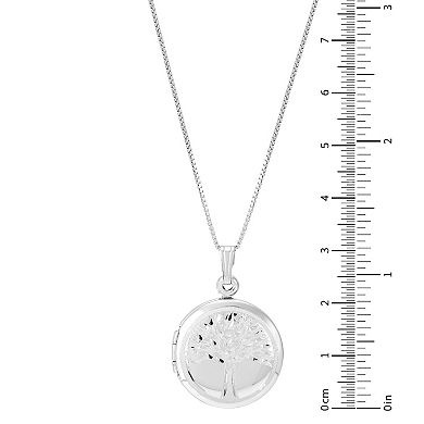 Sterling Silver Round Locklet Laser Tree of Birds Pendant Necklace