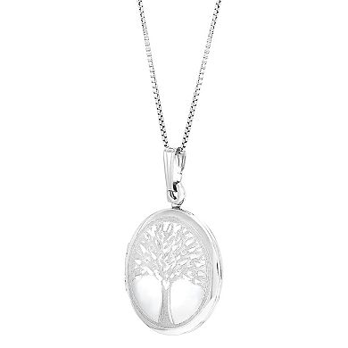 Sterling Silver Round Locklet Laser Tree of Birds Pendant Necklace