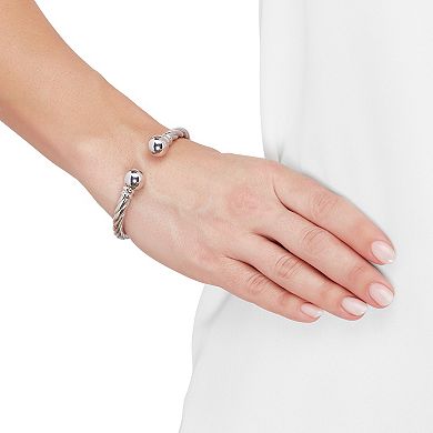 Sterling Silver Polish Twist Cuff with Beads Bangle Bracelet