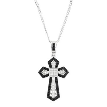 Sterling Silver Cubic Zirconium & Black Spinel Cross Pendant Necklace