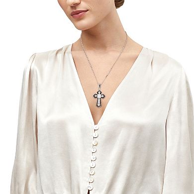 Sterling Silver Cubic Zirconium & Black Spinel Cross Pendant Necklace