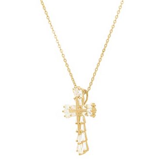 18k Gold Over Silver Baguette Cubic Zirconium Cross Pendant Necklace