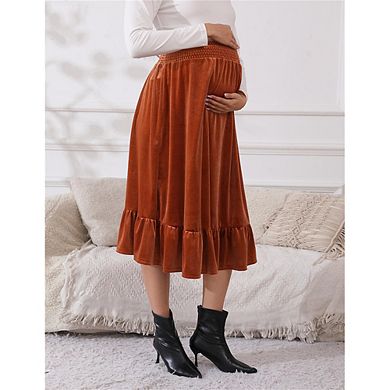 Maternity Velvet Skirt Women's High Waist Skirts Casual A Line Skirts for Women Ruffled Tiered
