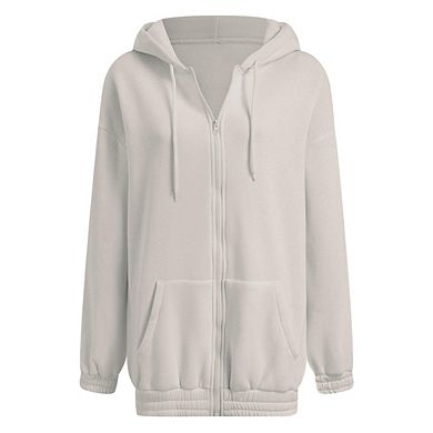 Women Casual Full Zip Up Hoodie Comfy Loose Solid Sweatshirt Long Sleeve Jacket with Pockets