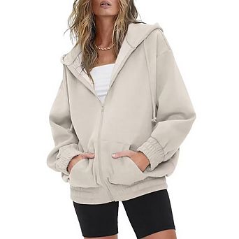Women Casual Full Zip Up Hoodie Comfy Loose Solid Sweatshirt Long Sleeve Jacket with Pockets