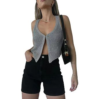 Sweater Rib Knit Crochet Cropped Vest Front Hook Tank Tops U Neck Sleeveless Cardigan Y2K Summer
