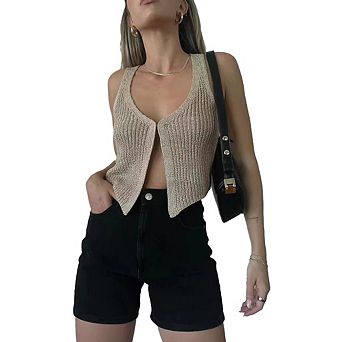 Sweater Rib Knit Crochet Cropped Vest Front Hook Tank Tops U Neck Sleeveless Cardigan Y2K Summer