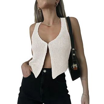 Sweater Rib Knit Crochet Cropped Vest Front Hook Tank Tops U Neck Sleeveless Cardigan Y2K Summer
