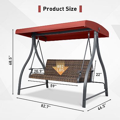 Aoodor 3-Seat Outdoor Rattan Patio Swing with Adjustable Canopy, Built-in Quick-drying Foam Seat