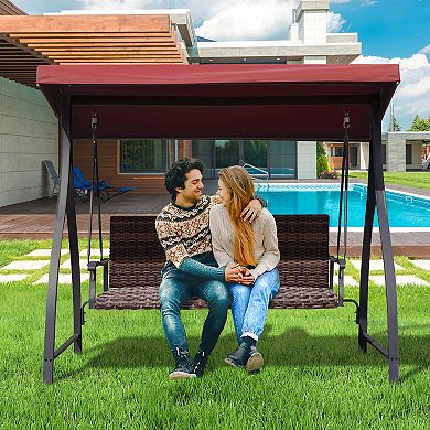 Aoodor 3-Seat Outdoor Rattan Patio Swing with Adjustable Canopy, Built-in Quick-drying Foam Seat