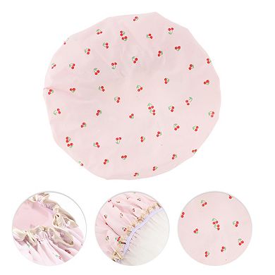 1 Pc Women Double Layer Cherry Pattern Shower Cap for Bathroom Vacation Hotel