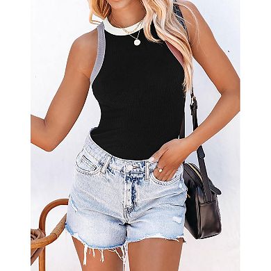 Women's Summer Sleeveless Tank Top Striped Form Fitting Crew Neck Ribbed Knit Basic Cami Shirts