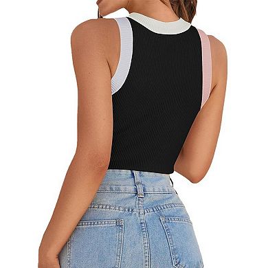 Women's Summer Sleeveless Tank Top Striped Form Fitting Crew Neck Ribbed Knit Basic Cami Shirts
