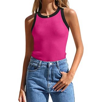 Women's Summer Sleeveless Tank Top Striped Form Fitting Crew Neck Ribbed Knit Basic Cami Shirts