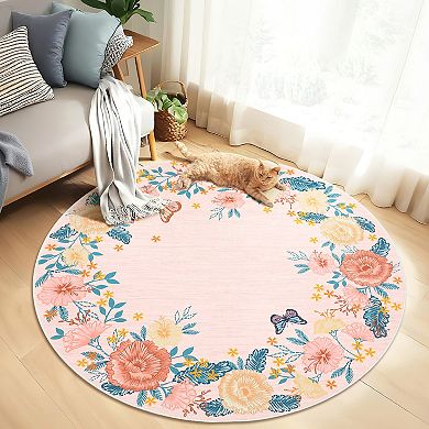 Garvee Machine Washable Pearl Velvet Modern Floral Printed Area Rug for Living Room