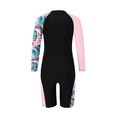 Kid Girls Rash Guard Sets One Piece Swimsuit with Zipper Patchwork Long Sleeve Beach Bathing Suit