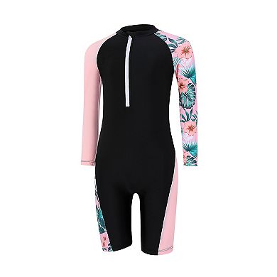 Kid Girls Rash Guard Sets One Piece Swimsuit with Zipper Patchwork Long Sleeve Beach Bathing Suit