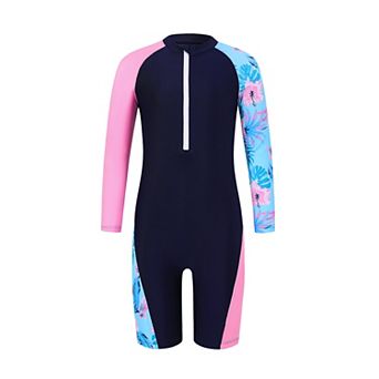 Kid Girls Rash Guard Sets One Piece Swimsuit with Zipper Patchwork Long Sleeve Beach Bathing Suit