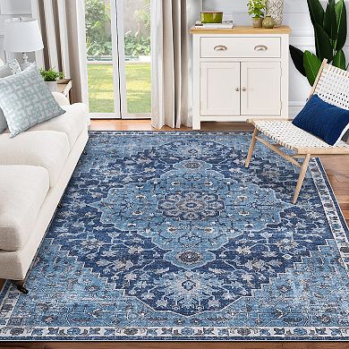 Garvee Machine Washable Area Rug Vintage Distressed Floral Printed Non Slip Carpet For Home
