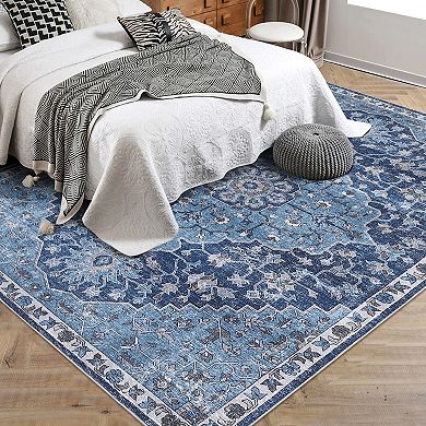 Garvee Machine Washable Area Rug Vintage Distressed Floral Printed Non Slip Carpet For Home