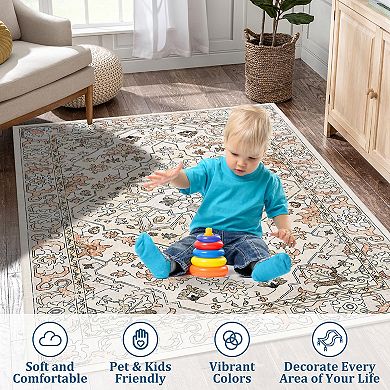 Garvee Machine Washable Non Slip Vintage Floral Printed Area Rug for Living Room