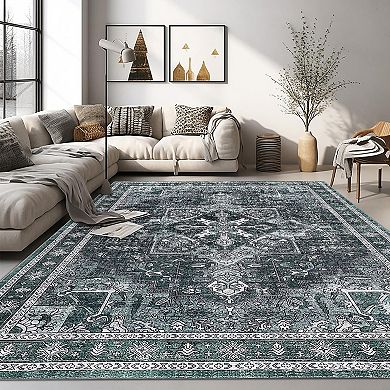 Garvee Machine Washable Area Rug Vintage Floral Printed Non Slip Carpet for Living Room