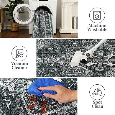 Garvee Machine Washable Area Rug Vintage Floral Printed Non Slip Carpet for Living Room