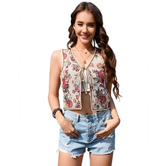 Women's Tie Front Vest Floral Print Embroidered Vintage Sleeveless Crochet Vest