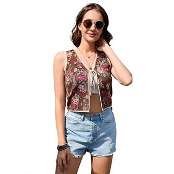 Women's Tie Front Vest Floral Print Embroidered Vintage Sleeveless Crochet Vest