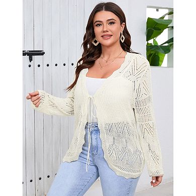 Women's Plus Size Tie Front Cardigan Sweaters Long Sleeve Bow Sweater Trendy Outerwear Tops