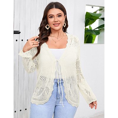 Women's Plus Size Tie Front Cardigan Sweaters Long Sleeve Bow