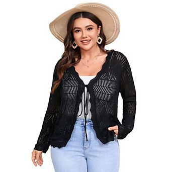 Women's Plus Size Tie Front Cardigan Sweaters Long Sleeve Bow Sweater Trendy Outerwear Tops