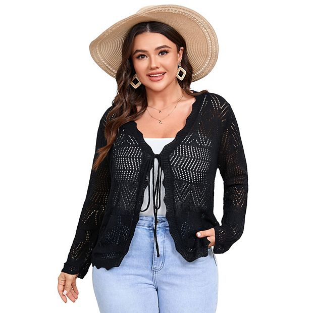 Women's Plus Size Tie Front Cardigan Sweaters Long Sleeve Bow
