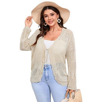 Women's Plus Size Tie Front Cardigan Sweaters Long Sleeve Bow Sweater Trendy Outerwear Tops