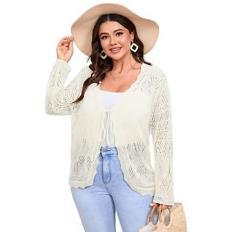 Women's Plus Size Tie Front Cardigan Sweaters Long Sleeve Bow Sweater Trendy Outerwear Tops