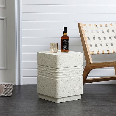 LuxenHome Side Table for Patio, 18'' Off White with Speckled Gray Square Cement Accent End Table