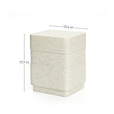 LuxenHome Side Table for Patio, 18'' Off White with Speckled Gray Square Cement Accent End Table