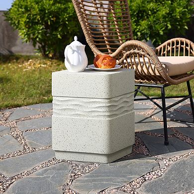 LuxenHome Side Table for Patio, 18'' Off White with Speckled Gray Square Cement Accent End Table