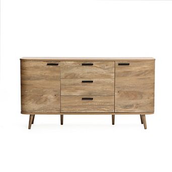 LuxenHome Natural Oak Manufactured Wood 2-Door and 3-Drawer 59.1-Inch Wide Sideboard Cabinet