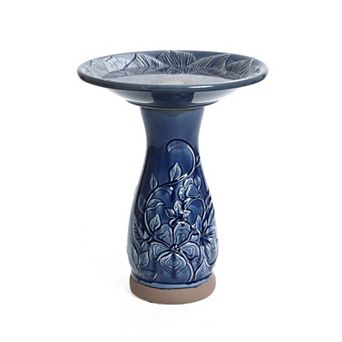 LuxenHome Blue Petals and Vines 22-Inch Tall Ceramic Birdbath
