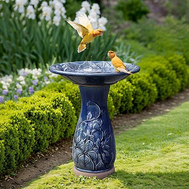 LuxenHome Blue Petals and Vines 22-Inch Tall Ceramic Birdbath
