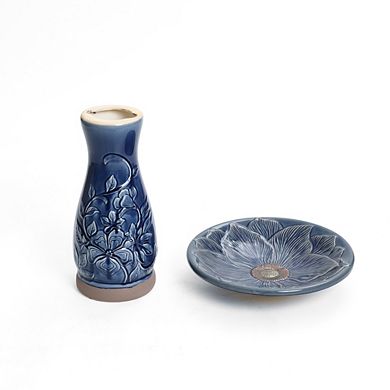 LuxenHome Blue Petals and Vines 22-Inch Tall Ceramic Birdbath