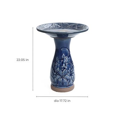 LuxenHome Blue Petals and Vines 22-Inch Tall Ceramic Birdbath