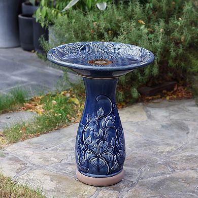 LuxenHome Blue Petals and Vines 22-Inch Tall Ceramic Birdbath
