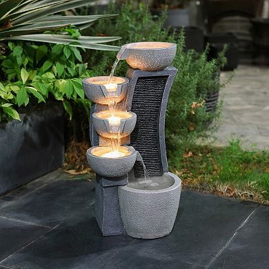 LuxenHome 5-Bowl Multi-Gray Modern Sculpture 26-Inch Tall Resin Fountain with Lights
