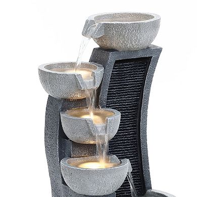 LuxenHome 5-Bowl Multi-Gray Modern Sculpture 26-Inch Tall Resin Fountain with Lights